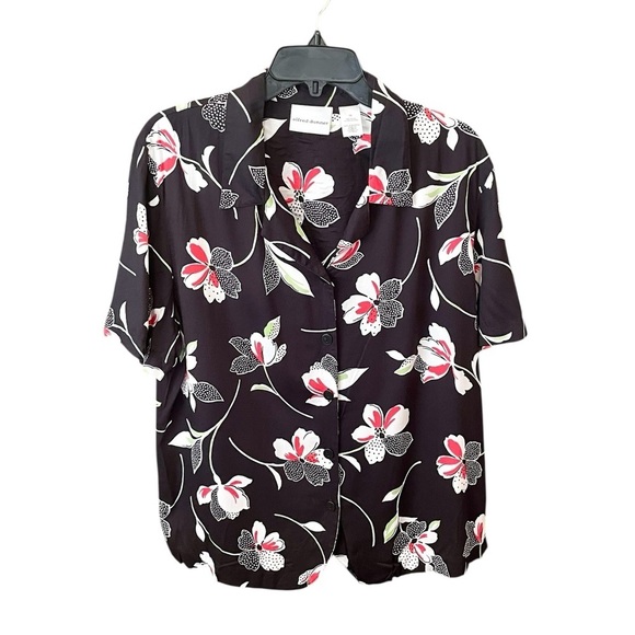 Alfred Dunner women’s plus size short sleeve floral button top 16 black white - Picture 1 of 7